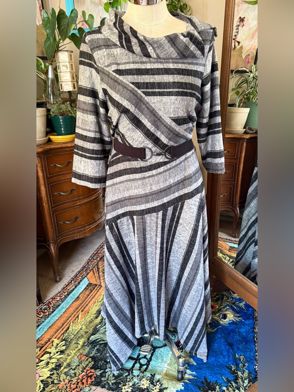 Danny and Nicole Fit and Flare Sweater Dress Gray/Black Striped Asymmetrical 16W